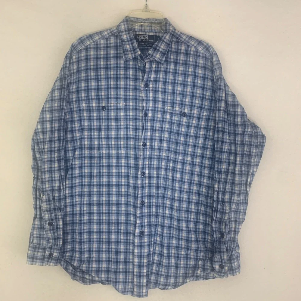 Vtg 90s Polo Ralph Lauren The Active Workshirt Blue‎ Plaid Linen Cotton Blend L